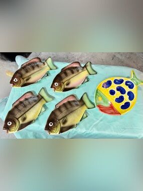 Hand-Painted Ceramic Fish Serving Platter Set in Yellow and Brown